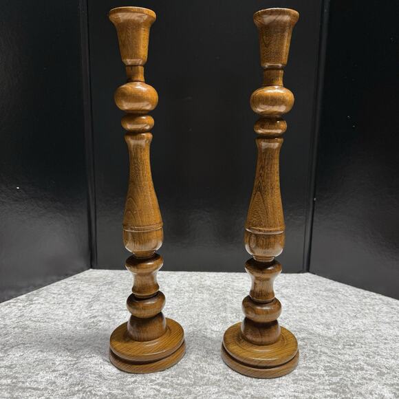 Vintage hand turned wooden Pair of candlesticks 15.5” T Excellent Timeless - Picture 4 of 13